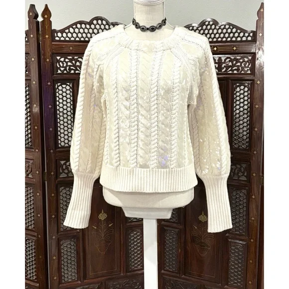 VERONICA BEARD CASHMERE WOOL CABLE KNIT SWEATER S YOLA SEQUIN BALLOON SLV $695